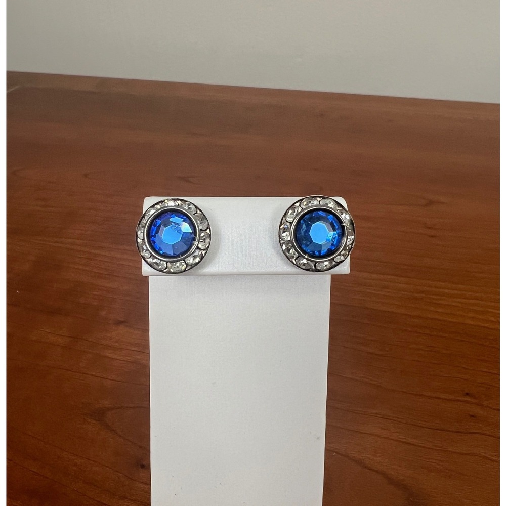 Vintage Silver Tone Blue Rhinestone Halo Stud Earrings Round Statement Post Back